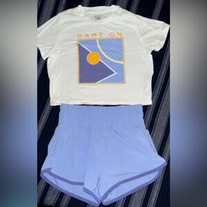 Athleta Girl’s Game on Crop Tee and All Star Light Blue Shorts Set  8-10 Tennis